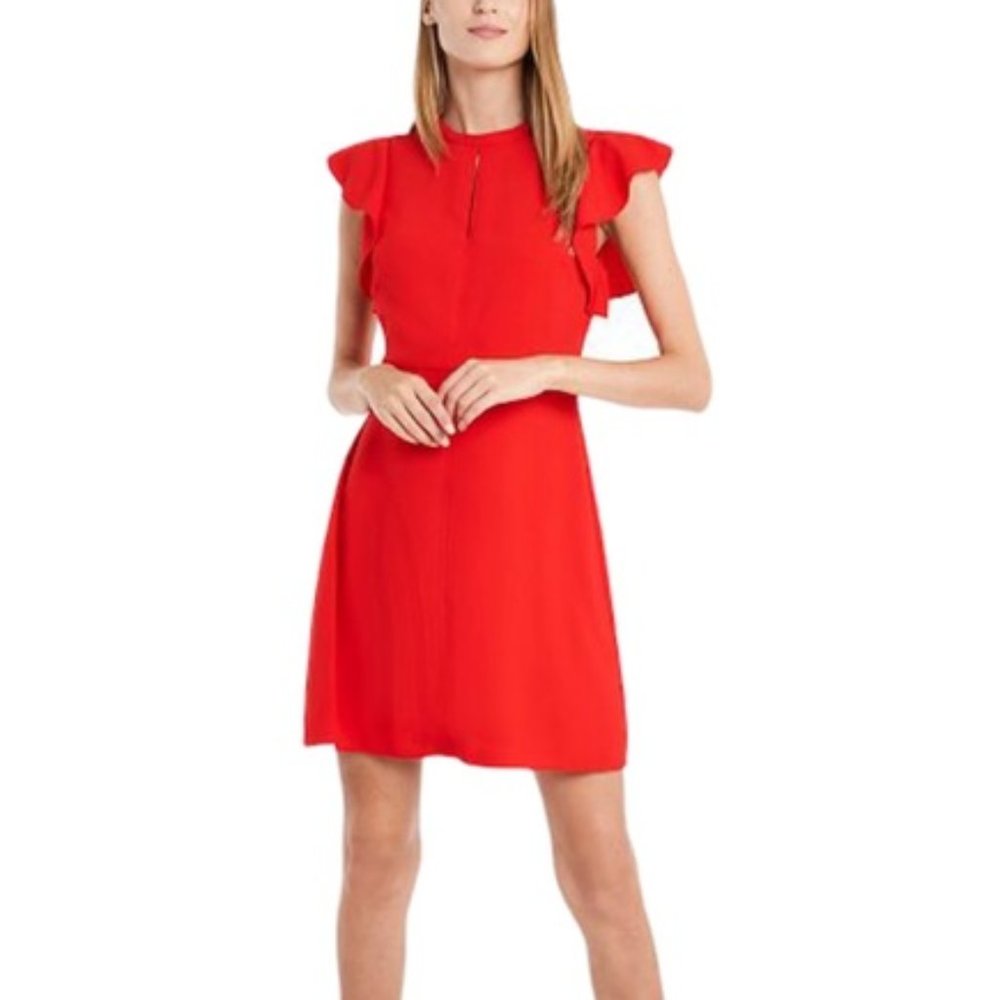 NWT RILEY & RAE Red Ruffle Cap Sleeves Crepe Dress Crewneck Keyhole Front 10